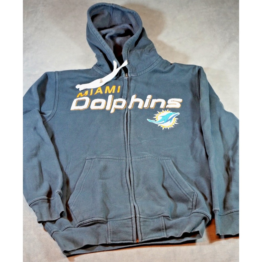 Miami Dolphins NFL Full Zip Hoodie Fleece Jacket Gray Mens Medium Pockets